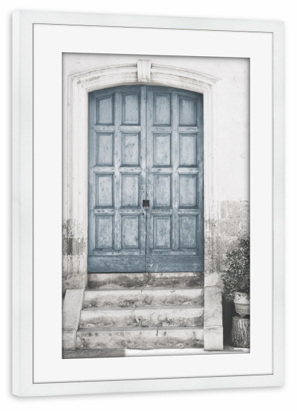 Poster mit Rahmen weiß "Staubige blaue Tür C" artboxONE - Architektur - Architektur,Türen,Tür,Blau,Stein,Treppen,Pflanzen,Natur