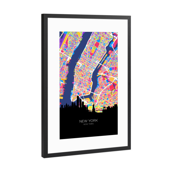 Poster mit Rahmen Schwarz (Metallic) "New York City Skyline Karte hell" artboxONE - Städte,Städte / New York