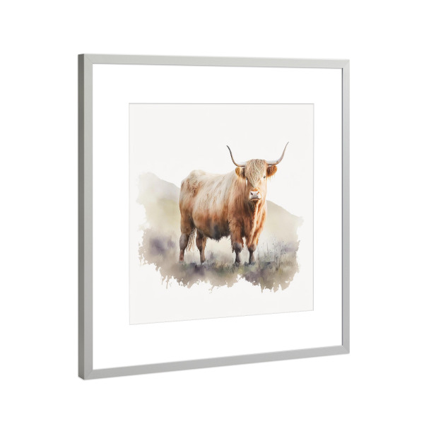 Poster mit Rahmen Silber "Hochlandkuhfeld A" artboxONE - Natur,Tiere - Kuh,Hochland,Rinder,Aquarell,Tiere