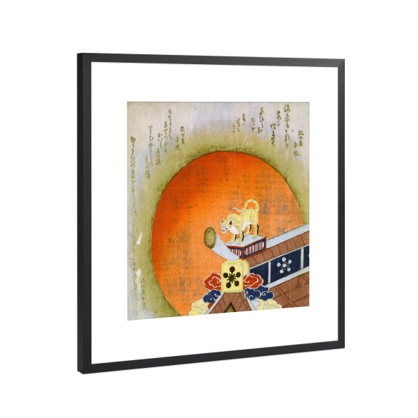 Poster mit Rahmen Schwarz (Metallic) "Tiger auf einem Dach" artboxONE - Tiere - Tiger auf einem dach,Statue,Tiger,Japan,Sonne