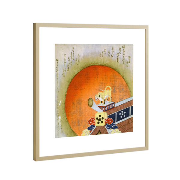 Poster mit Rahmen Gold "Tiger auf einem Dach" artboxONE - Tiere - Tiger auf einem dach,Statue,Tiger,Japan,Sonne