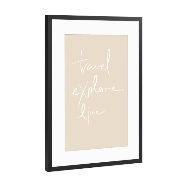 Poster mit Rahmen Schwarz (Metallic) "Travel explore and live" artboxONE - Typografie,Reise