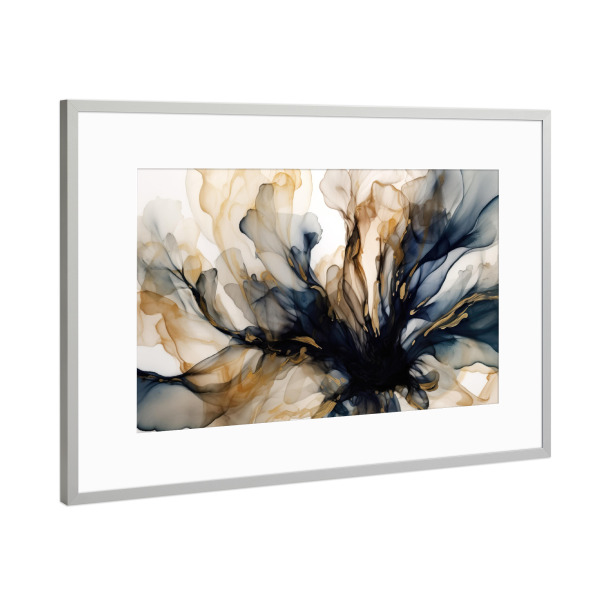 Poster mit Rahmen Silber "Navy und Gold Botanicals G" artboxONE - Floral,Abstrakt - Gold,Blumen,Abstrakt,Aquarell