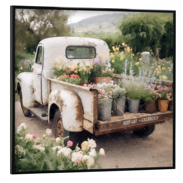 Poster mit schwarzem Rahmen 30x30 cm "Blumenabholung B" artboxONE - Natur,Floral,Automobile - Blumen,Blumen,Automobil,Pick-up,Lkw,Feld,Natur,Jahrgang