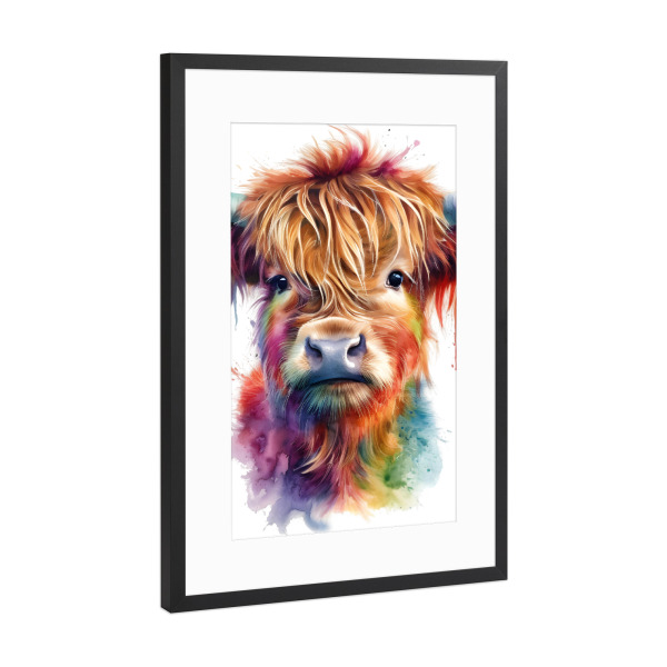Poster mit Rahmen Schwarz (Metallic) "Bunte Hochlandkuh C" artboxONE - Tiere,Abstrakt - Kuh,Tier,Hochland,Tropfen,Bunt,Mehrfarbig