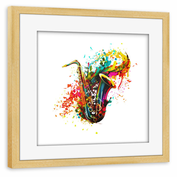 Poster mit Rahmen kiefer "Stilisiertes grafisches Saxophon" artboxONE - Abstrakt,Musik - Bunt,Mehrfarbig,Aquarell,Musik,Instrumente,Saxophon