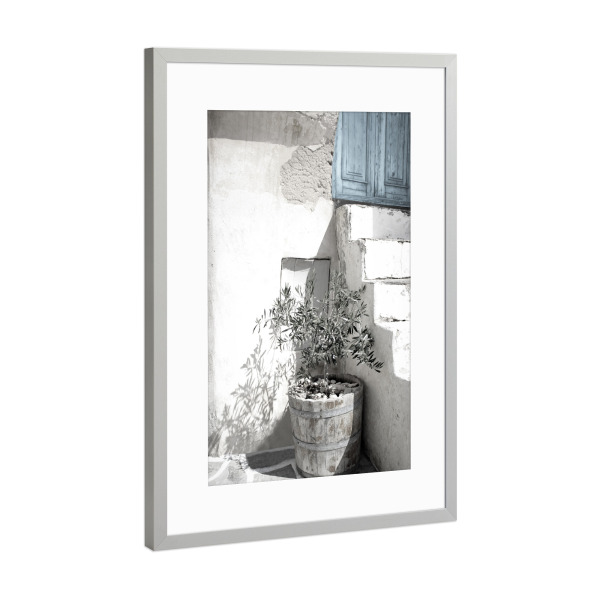 Poster mit Rahmen Silber "Dusty Blue Tür A" artboxONE - Floral,Architektur - Architektur,Türen,Häuser,Pflanzen