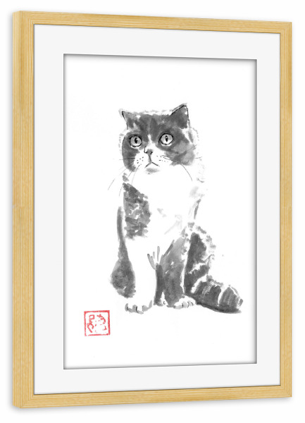 Poster mit Rahmen kiefer "Luna-Katze" artboxONE - Tiere - Katze,Sumie,Japan