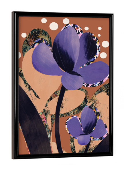 Poster mit schwarzem Rahmen "Lila Schönheit" artboxONE - Floral,Abstrakt - Blume,Braun,Ocker,Lila,Floral,Blumen,Abstrakt,Collage,Illustration,Rose
