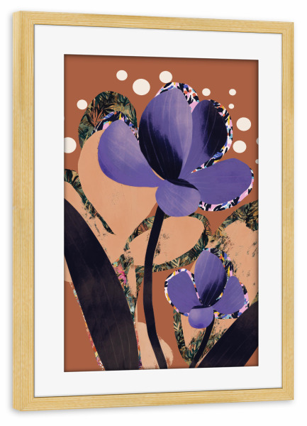 Poster mit Rahmen kiefer "Lila Schönheit" artboxONE - Floral,Abstrakt - Blume,Braun,Ocker,Lila,Floral,Blumen,Abstrakt,Collage,Illustration,Rose