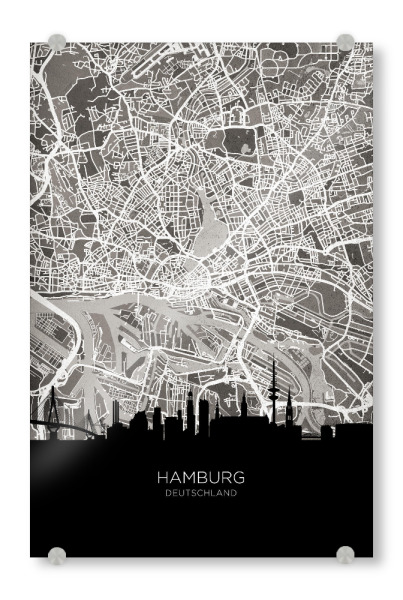 Acrylglasbild "Hamburg Skyline Karte BW" artboxONE - Städte,Städte / Hamburg