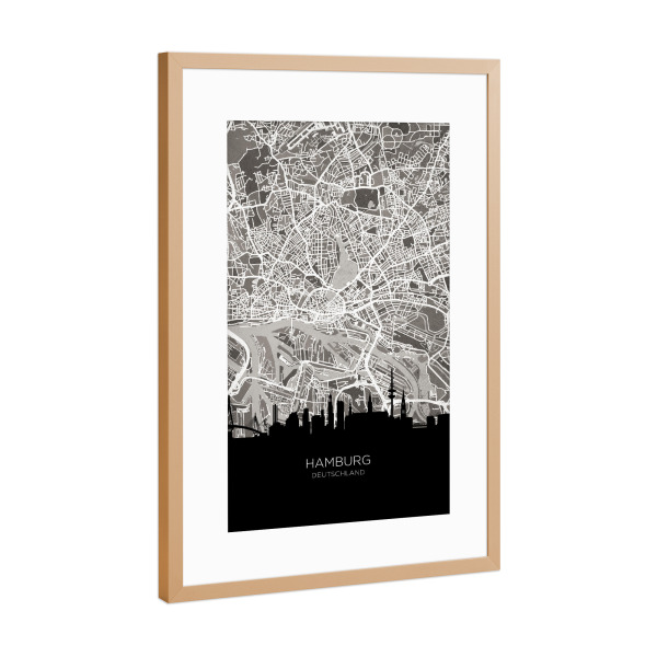Poster mit Rahmen Kupfer "Hamburg Skyline Karte BW" artboxONE - Städte,Städte / Hamburg