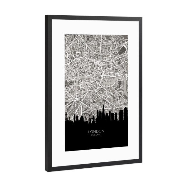Poster mit Rahmen Schwarz (Metallic) "London Skyline Karte BW" artboxONE - Städte,Städte / London