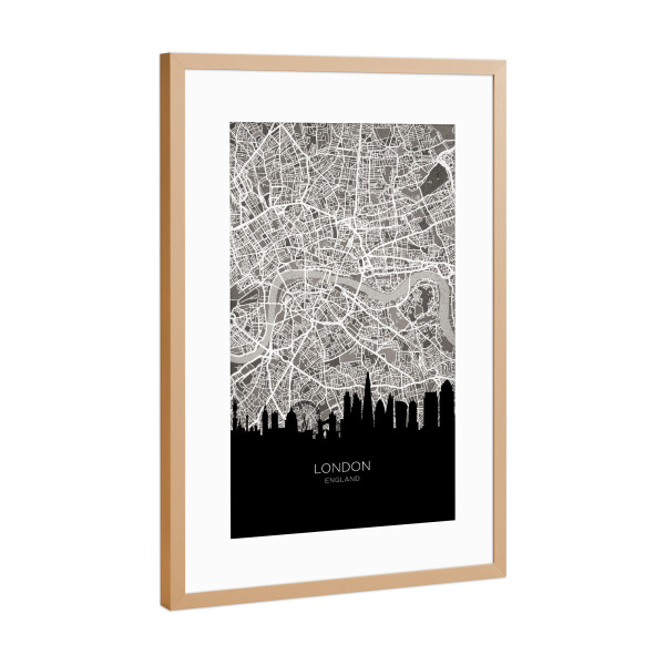 Poster mit Rahmen Kupfer "London Skyline Karte BW" artboxONE - Städte,Städte / London