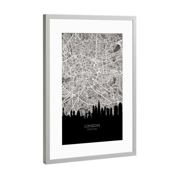 Poster mit Rahmen Silber "London Skyline Karte BW" artboxONE - Städte,Städte / London
