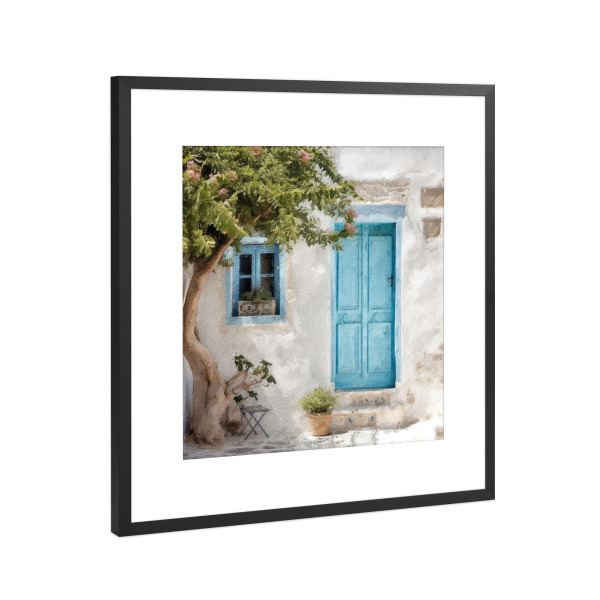 Poster mit Rahmen Schwarz (Metallic) "Blaue griechische Tür A" artboxONE - Natur,Architektur - Architektur,Tür,Eingang,Zuhause,Haus,Bäume