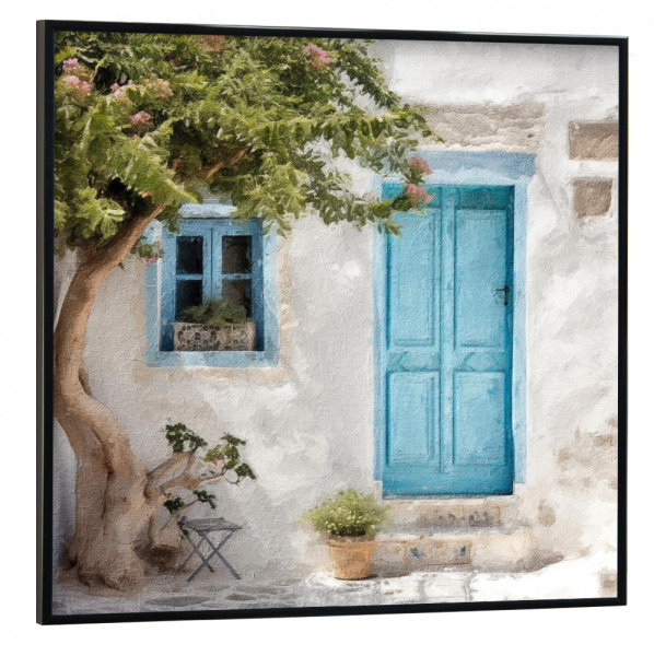 Poster mit schwarzem Rahmen 30x30 cm "Blaue griechische Tür A" artboxONE - Natur,Architektur - Architektur,Tür,Eingang,Zuhause,Haus,Bäume