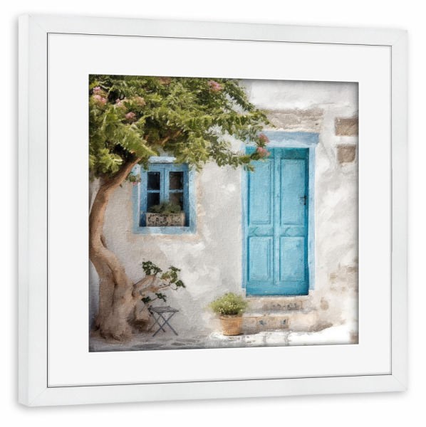 Poster mit Rahmen weiß "Blaue griechische Tür A" artboxONE - Natur,Architektur - Architektur,Tür,Eingang,Zuhause,Haus,Bäume