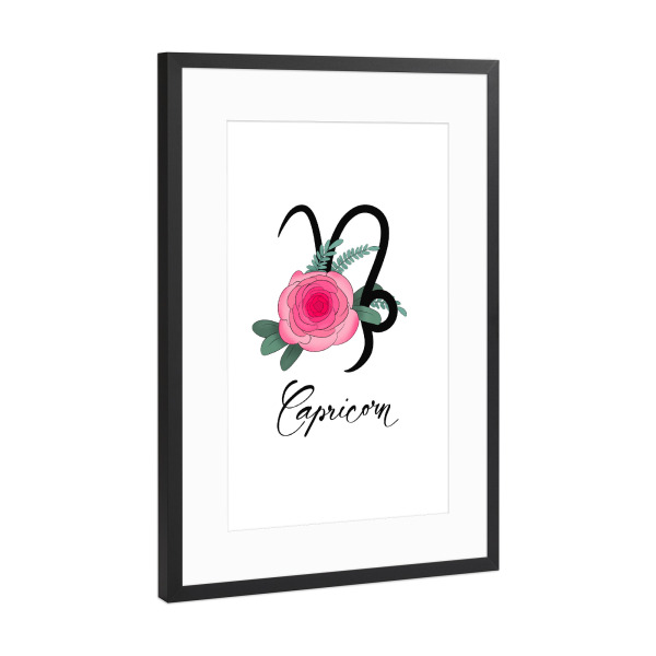 Poster mit Rahmen Schwarz (Metallic) "Blumentierkreis: Steinbock" artboxONE - Typografie,Floral,Fashion