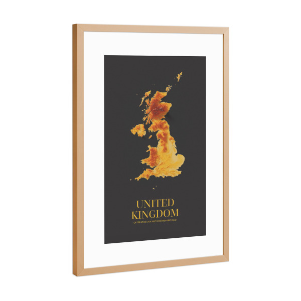 Poster mit Rahmen Kupfer "UK 3D-Karte – Gold" artboxONE - Reise,Kartografie