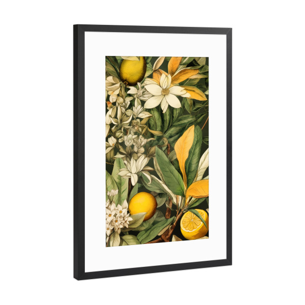 Poster mit Rahmen Schwarz (Metallic) "Flora und Früchte A" artboxONE - Natur,Floral - Obst,Früchte,Orange,Natur,Blätter,Garten,Blumen
