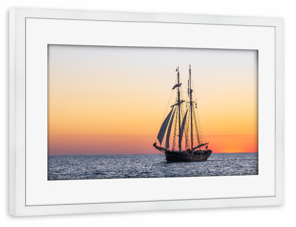 Poster mit Rahmen weiß "Sonnenuntergang, Windjammer, Meer" artboxONE - Natur,Reise,Reise / Strand und Meer
