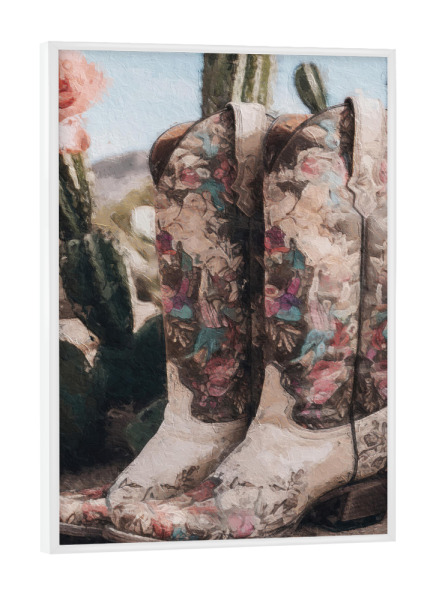 Poster mit weißem Rahmen "Cowgirl-Stiefel G" artboxONE - Natur,Floral,Fashion - Western,Cowgirl,Stiefel,Wüste,Kaktus,Blumen,Blumen,Mode,Landschaft