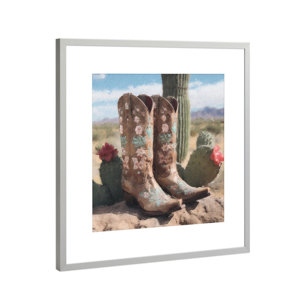 Poster mit Rahmen Silber "Cowgirl-Stiefel D" artboxONE - Natur,Floral,Fashion - Western,Cowgirl,Wüste,Blumen,Kaktus,Stiefel,Mode,Landschaft