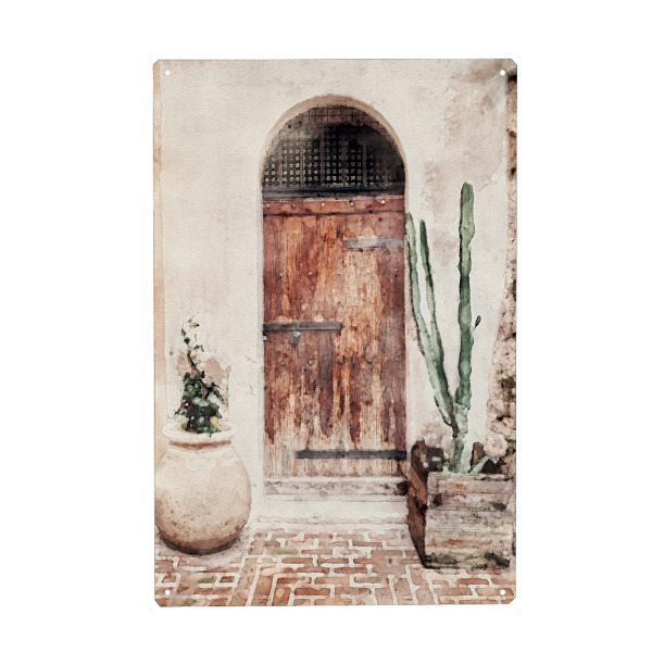 Metall Poster "Aquarell Tür B" artboxONE - Natur,Architektur - Türen,Tür,Zuhause,Häuser,Aquarell,Keramik,Pflanzen,Architektur - Blechschild