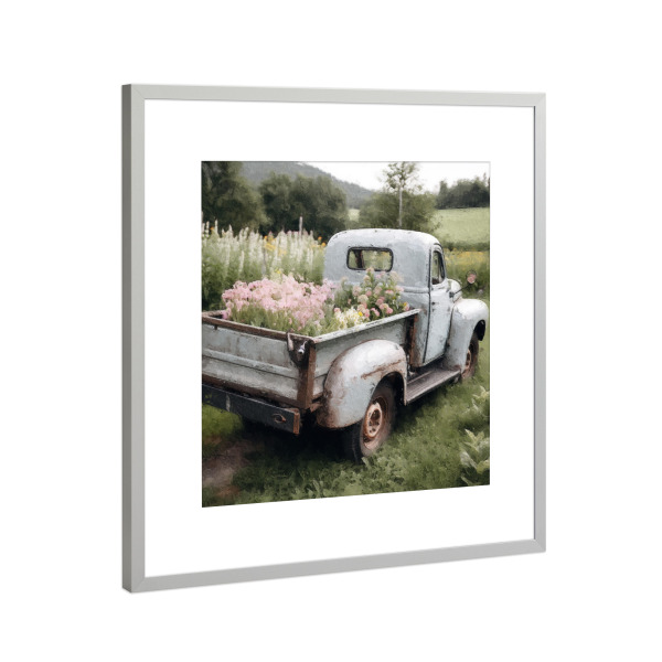 Poster mit Rahmen Silber "Blumenabholung K" artboxONE - Natur,Floral,Automobile - Vintage,Blumen,Blume,Feld,Pickup,Lkw,Automobil