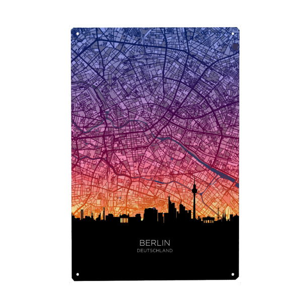 Holzbild "Berlin Skyline Map Sunset" artboxONE - Städte,Städte / Berlin