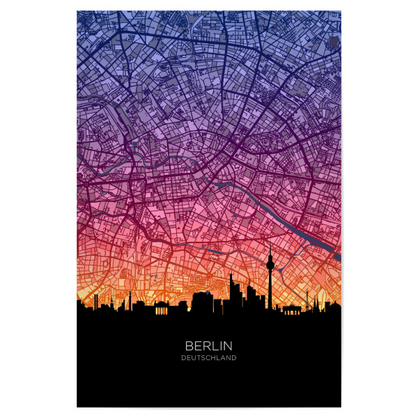 Poster "Berlin Skyline Map Sunset" artboxONE - Städte,Städte / Berlin - Berlin,Deutschland,Stadtkarte,Mapskyline,Stadtbild,Stadtbild,Aquarell,Malerei