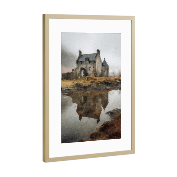 Poster mit Rahmen Gold "Schottisches Schloss" artboxONE - Natur,Architektur - Burg,Schottisches hochland,Wasser,Reflektierend,Nebel,Natur,Landschaft