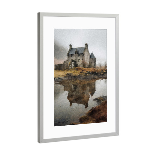 Poster mit Rahmen Silber "Schottisches Schloss" artboxONE - Natur,Architektur - Burg,Schottisches hochland,Wasser,Reflektierend,Nebel,Natur,Landschaft