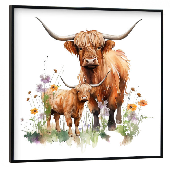 Poster mit schwarzem Rahmen 30x30 cm "Hochlandkuh I" artboxONE - Natur,Floral,Tiere - Kuh,Rind,Hochland,Kalb,Bunt,Mutter und baby,Blumen,Blumen