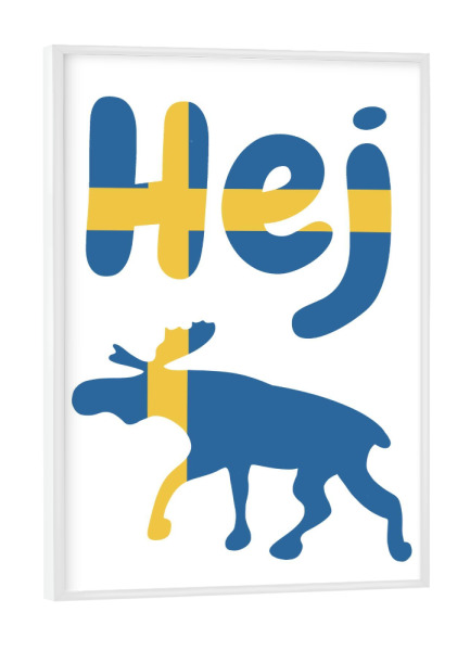 Poster mit weißem Rahmen "Hej Elch Schweden Flagge" artboxONE - Typografie,Reise,Tiere,Städte / Stockholm