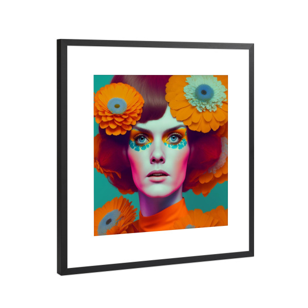 Poster mit Rahmen Schwarz (Metallic) "SPRING FACE" artboxONE - Floral - Orange,Blumen,Portrait,Gesicht,Frau