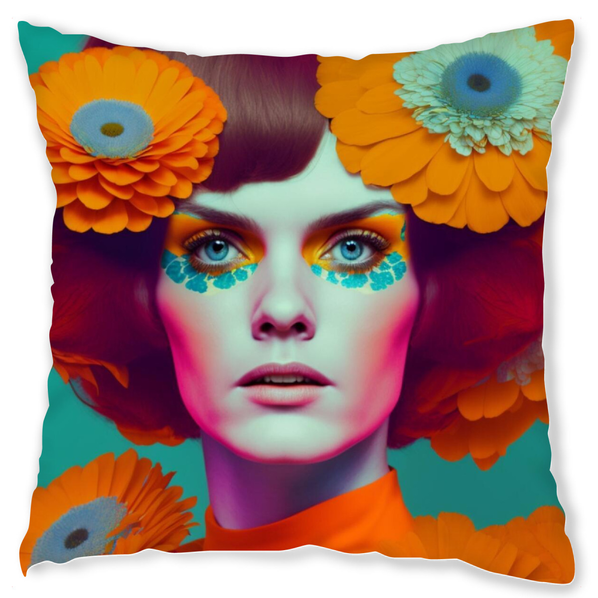 Design-Kissen "SPRING FACE" artboxONE - Floral - Orange,Blumen,Portrait,Gesicht,Frau