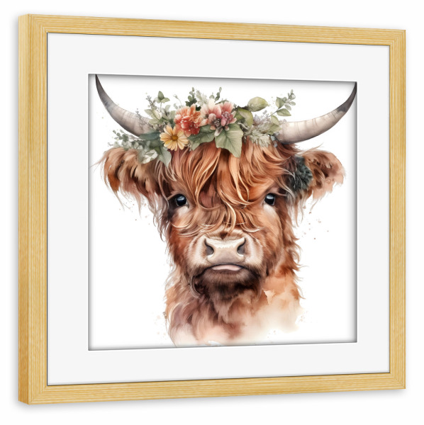 Poster mit Rahmen kiefer "Hochlandkuhgesicht Z" artboxONE - Natur,Floral,Tiere - Kuh,Hochlandrinder,Niedlich,Natur,Blumen,Blume,Krone