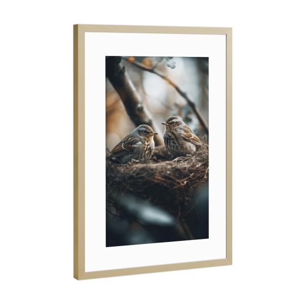 Poster mit Rahmen Gold "Vöglein Im Nest" artboxONE - Für Kinder,Tiere,Für Mama - Vogel,Vögel,Zwei,Tier,Tiere,Geschwister,Süss,Nest,Natur,Baum,Wald