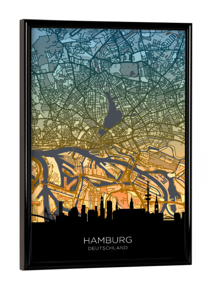 Poster mit schwarzem Rahmen "Hamburger Skyline-Karte, blaugrün" artboxONE - Städte,Städte / Hamburg