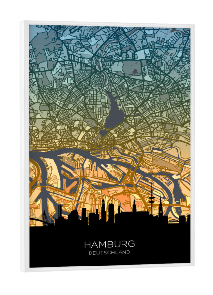 Poster mit weißem Rahmen "Hamburger Skyline-Karte, blaugrün" artboxONE - Städte,Städte / Hamburg