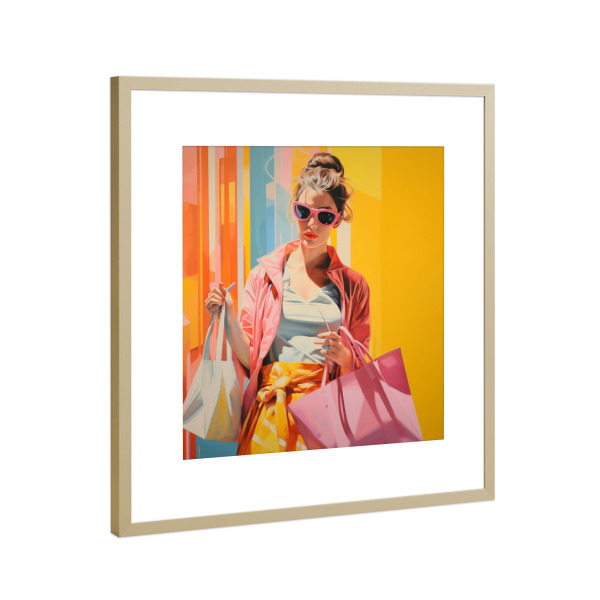 Poster mit Rahmen Gold "EINKAUFENDE FRAU" artboxONE - Städte,Menschen,Buchstaben / S,Für Mama - Mode,Frau,Einkaufstasche,Einkaufen,Stadt,Popart,Modern