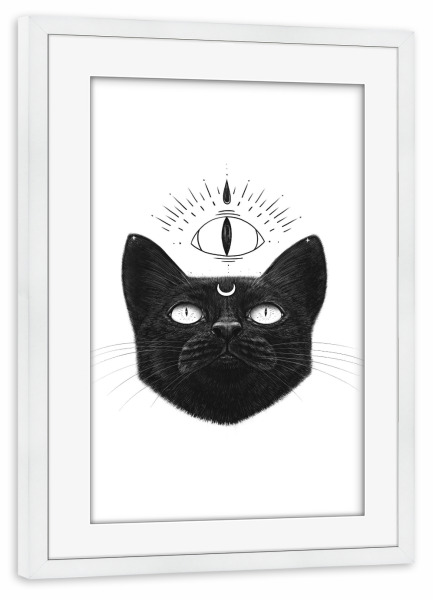 Poster mit Rahmen weiß "Glückliche schwarze Katze" artboxONE - Tiere,Geometrie,Für Mama,Halloween,Lustig