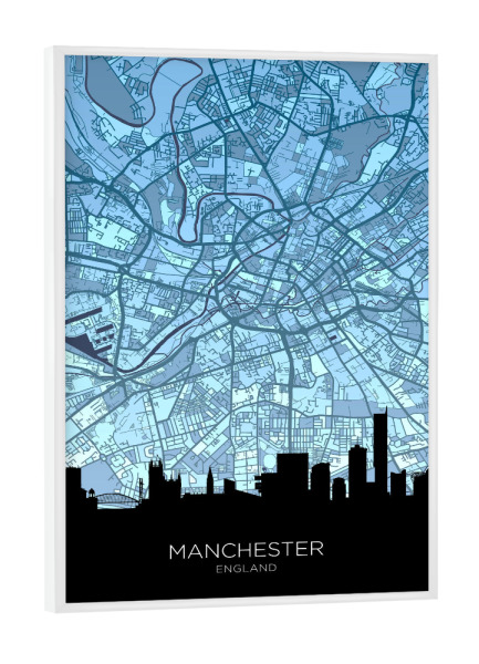 Poster mit weißem Rahmen "Manchester Skyline Map Blues" artboxONE - Städte