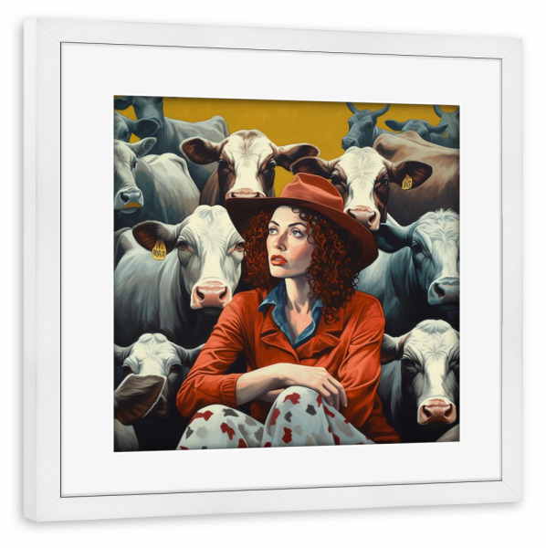Poster mit Rahmen weiß "MY COWS AND I" artboxONE - Natur - Kuehe,Cows,Art,Popart,Woman,Frau
