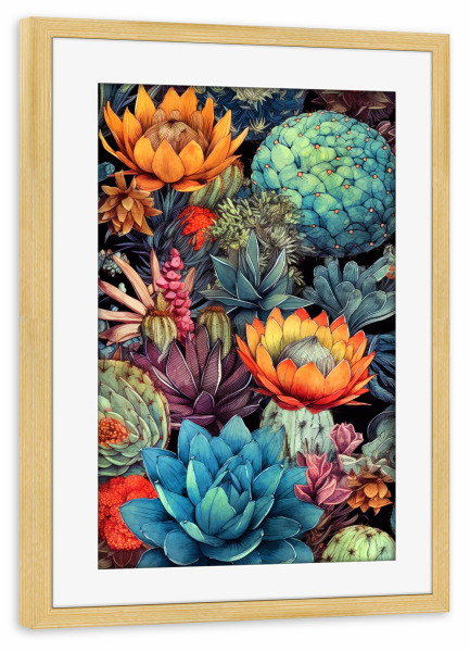 Poster mit Rahmen kiefer "Sukkulenten und Kakteen D" artboxONE - Natur,Floral - Sukkulenten,Kakteen,Kaktus,Natur,Blumen,Botanische,Blatt,Blumen