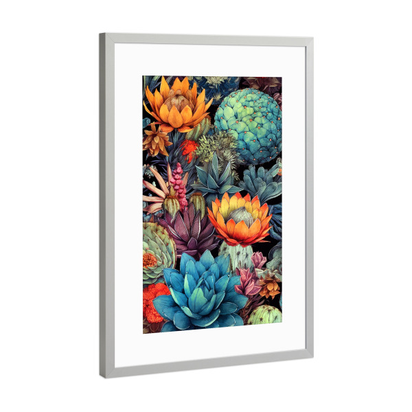 Poster mit Rahmen Silber "Sukkulenten und Kakteen D" artboxONE - Natur,Floral - Sukkulenten,Kakteen,Kaktus,Natur,Blumen,Botanische,Blatt,Blumen