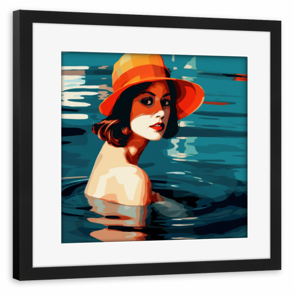 Poster mit Rahmen schwarz "SWIMMING WITH STYLE" artboxONE - Menschen - Schwimmen,Frau,Hut,Portrait,Popart
