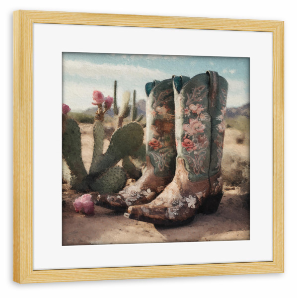 Poster mit Rahmen kiefer "Cowgirl-Stiefel E" artboxONE - Natur,Floral,Fashion - Western,Cowgirl,Mode,Wüste,Blumen,Kaktus